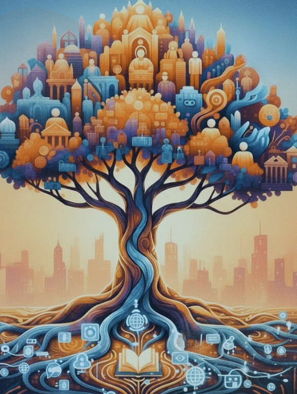 This image matters as it reflects how learning, symbolized by the book, connects us to tech and urban life, like a growing tree.